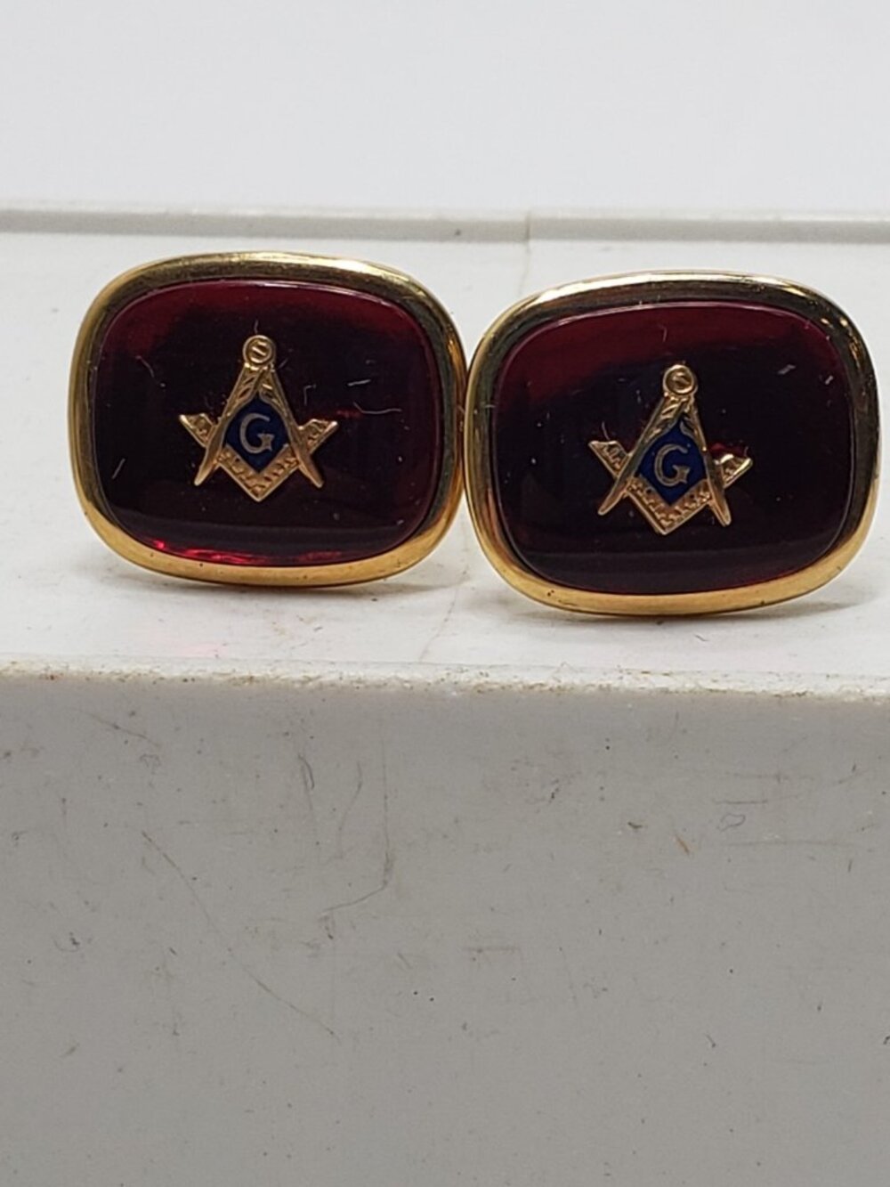 Vintage Swank Freemason Masonic Red Glass Gold Tone Foster Cufflinks Pair